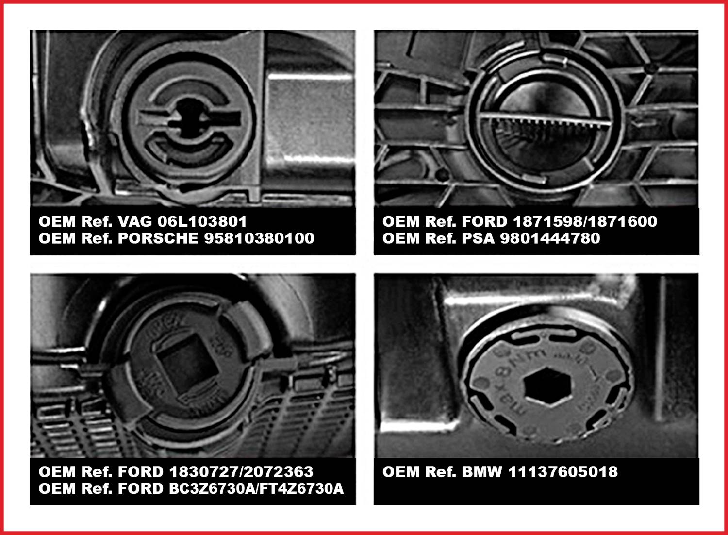 Čtyři krabice s obrázky automobilových dílů, každá s OEM referenčními čísly různých automobilových značek: VAG, Porsche, Ford, PSA, BMW.