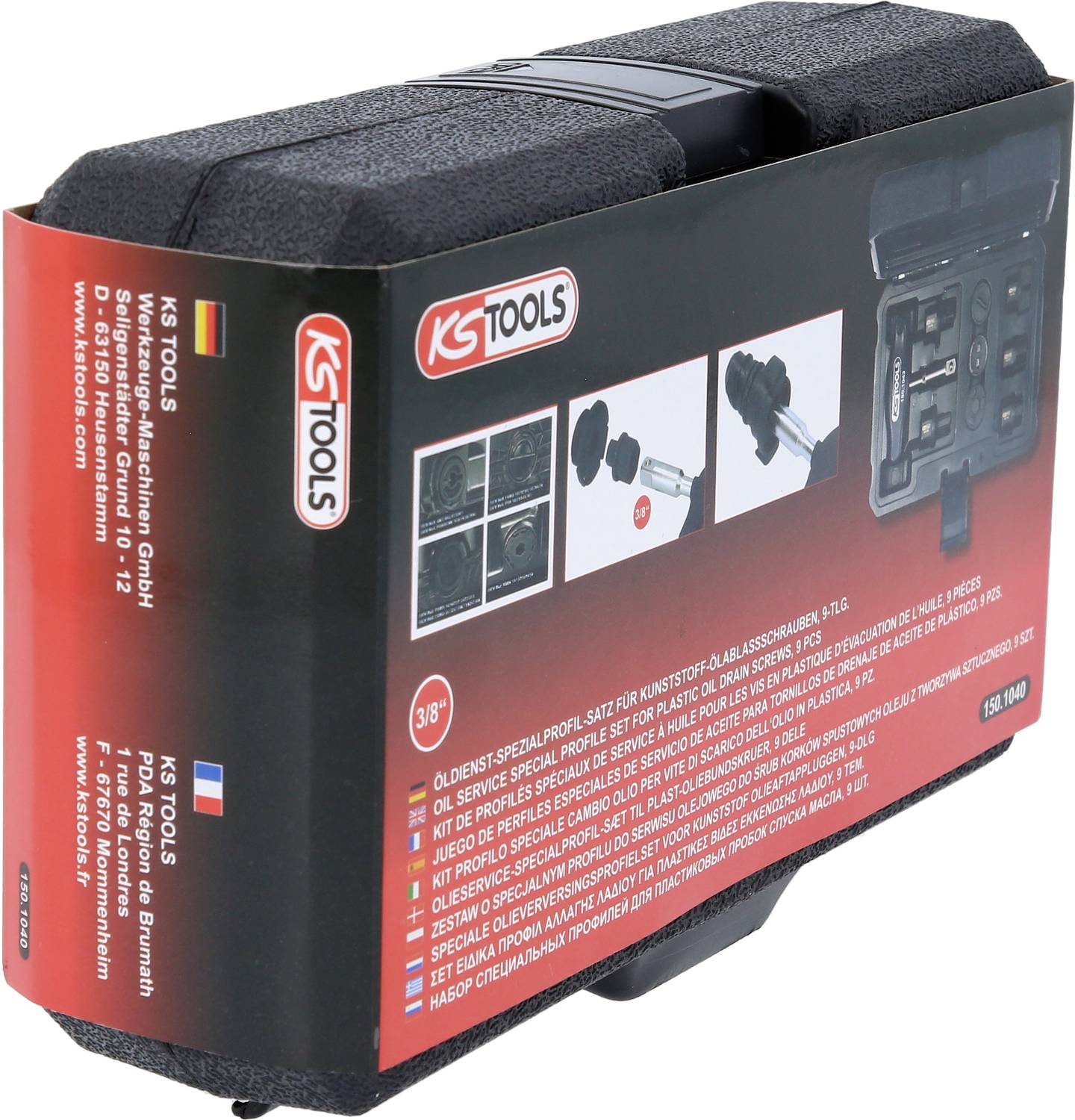 Černý kufřík od KS Tools s červeným štítkem, který zobrazuje logo KS Tools a informace o produktu. Obsahuje sadu automobilových nástrojů.