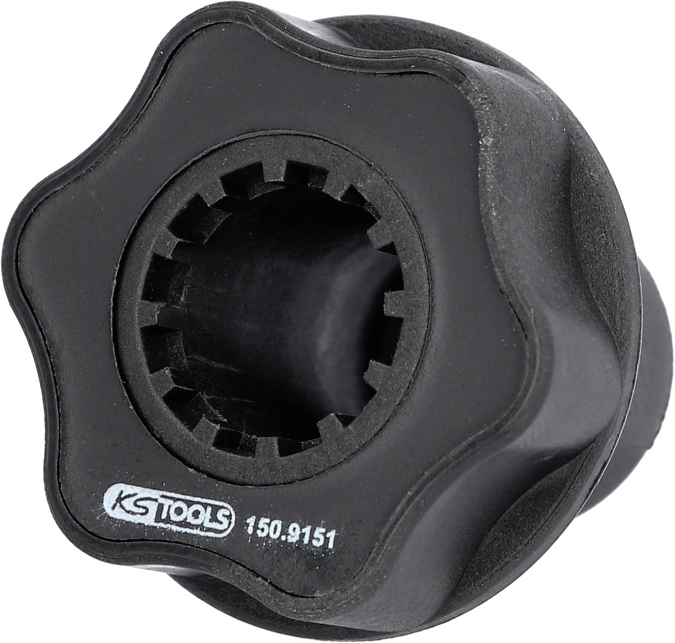 Černý, zubaté škrtací klíč s nápisem 'KS Tools 150.9151'.