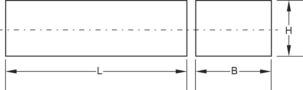 Plocha řezu zobrazuje dvě pravoúhlé formy. Levý obdélník: délka 'L'. Pravý obdélník: šířka 'B', výška 'H'.