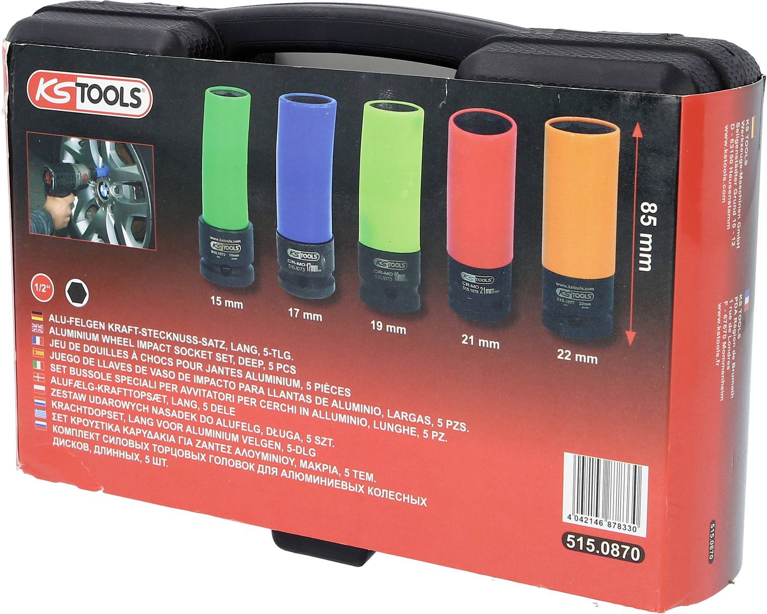 Sada nástrčných klíčů KS Tools pro hliníková kola, 5-dílná sada s barevně rozlišenými nástrčnými klíči; velikosti: 15, 17, 19, 21, 22 mm.