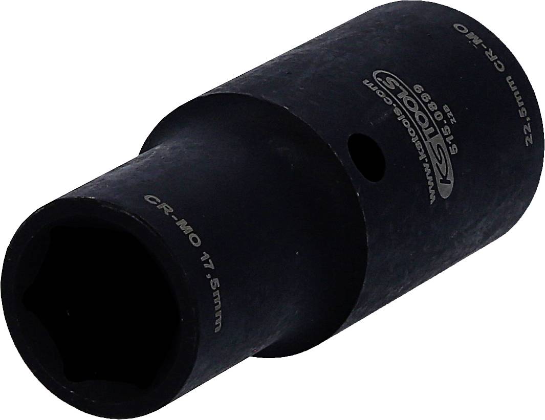 Černý nástrčný klíč s šestihranným otvorem, 22,5 mm, CR-MO 17,5 mm, s logy a popisky na povrchu.