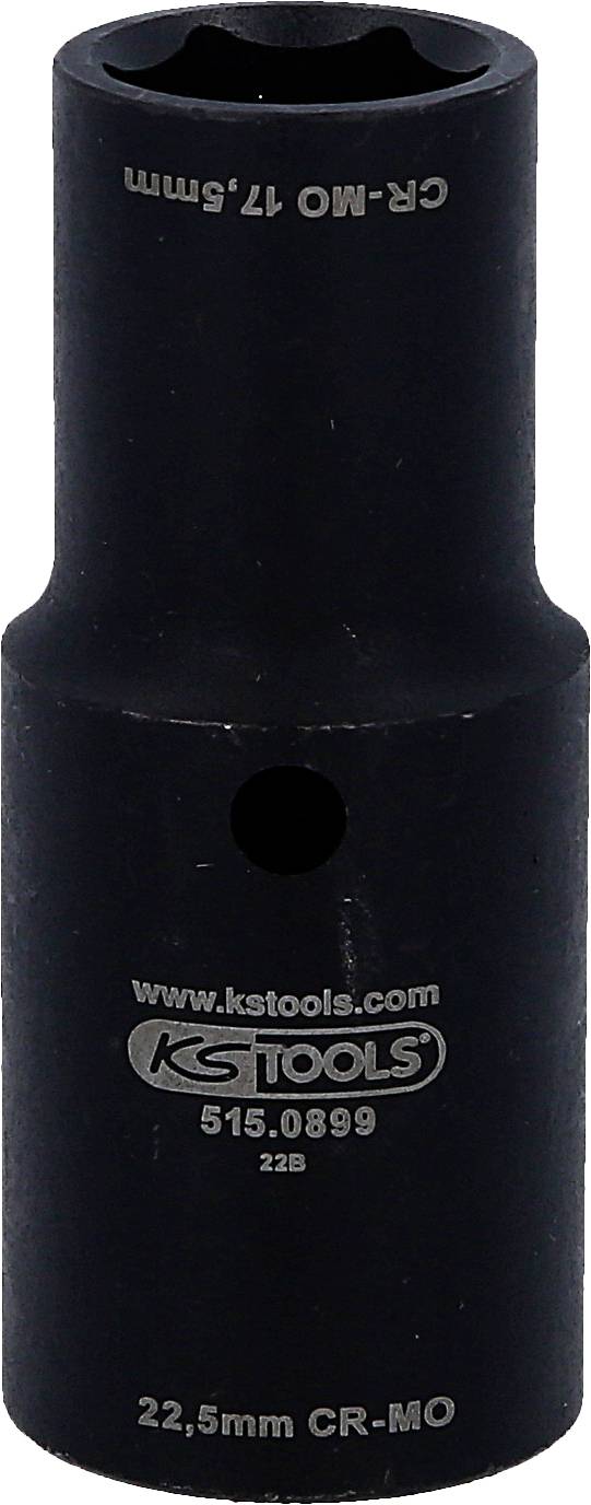 Černý nástrčný klíč s nápisem 'KS Tools 515.0899 22,5mm CR-MO'. Vhodný pro použití s vozidly.