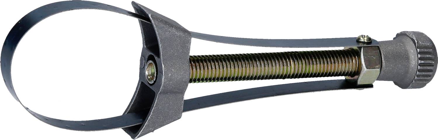 Kovový klíč na olejový filtr s nastavitelným páskem a šroubovacím mechanismem pro snadné vyjmutí olejového filtru.
