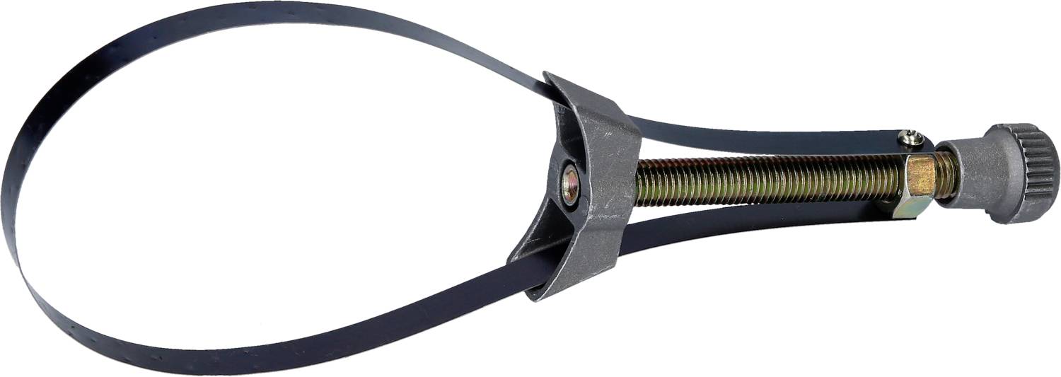 Klíč na olejový filtr s nastavitelným kovovým páskem a šroubovacím mechanismem pro demontáž olejových filtrů v automobilech nebo strojích.