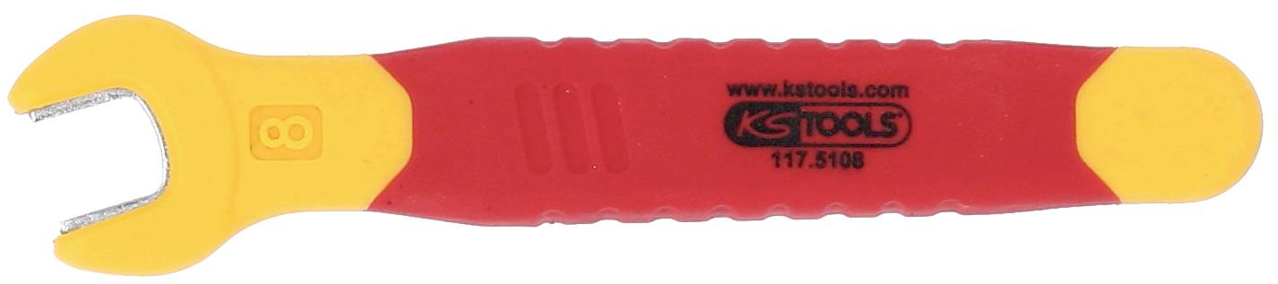 Žluto-červený vidlicový klíč s nápisem 'ks tools, www.kstools.com, 117.5108'.