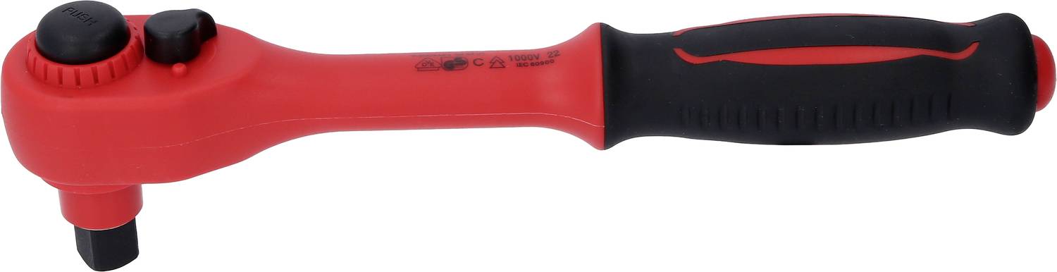 Ráčna s červeným držadlem a černým nástavcem, vhodná pro různé aplikace v řemeslnictví a domácích pracích.