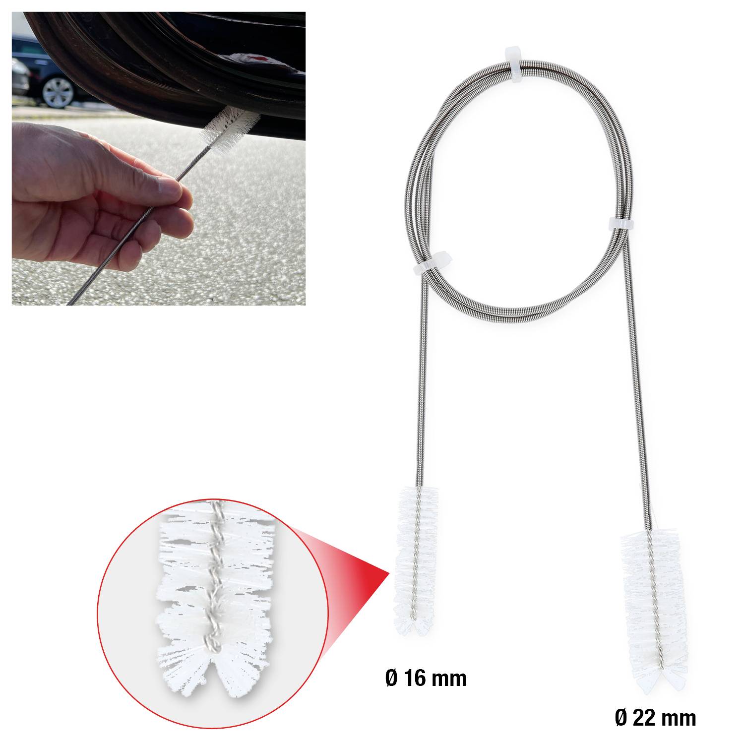 Dvojitý kartáč se dvěma různě velkými hlavami kartáče (průměr 16 mm a 22 mm) určený pro čištění trubek nebo hadic.