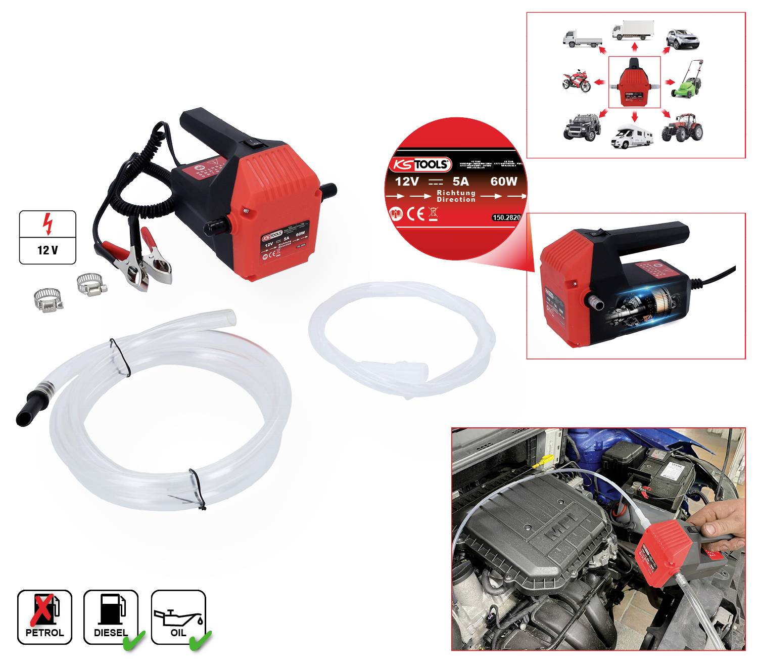 Elektrická olejová pumpa 12V, 5A, 60W pro výměnu oleje, čerpá olej z motorů. Obsahuje pumpu, hadice, svorky; vhodná pro vozidla.