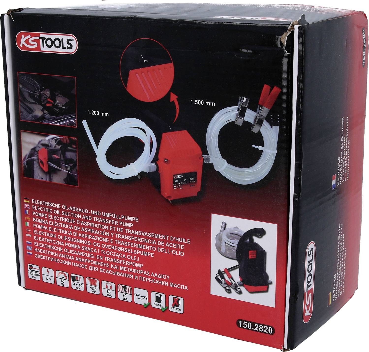 Kartonová krabice pro elektrickou odsávací a přečerpávací pumpu od KS Tools, zobrazující obrázek produktu, hadici a svorky.