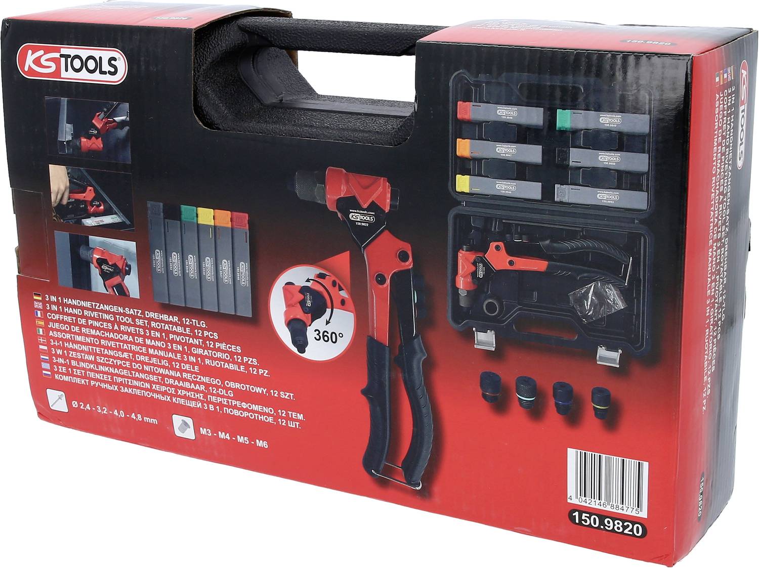 Sada nářadí od KS Tools s klíči, kleštěmi a drobnými díly, zobrazená na červeném pozadí.