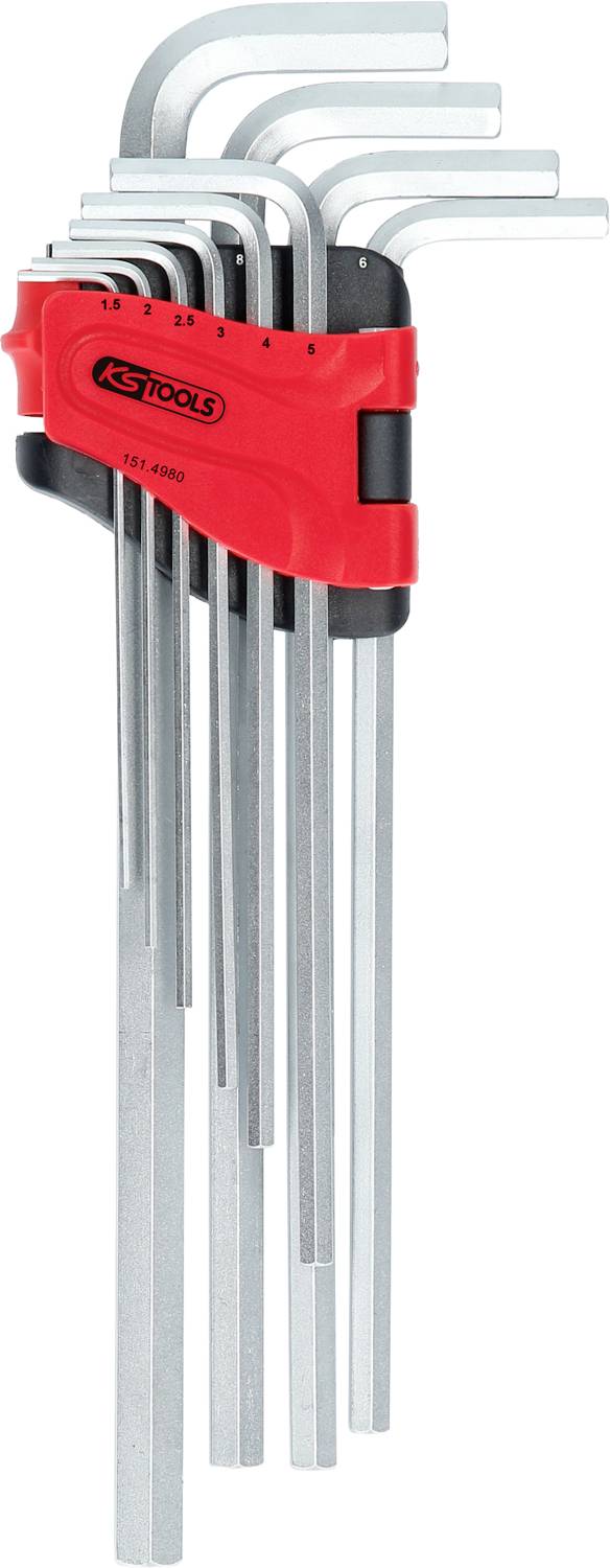 Sada devíti stříbrných imbus klíčů v různých velikostech, uchycená v červeném plastovém držáku s nápisem 'KS Tools'.