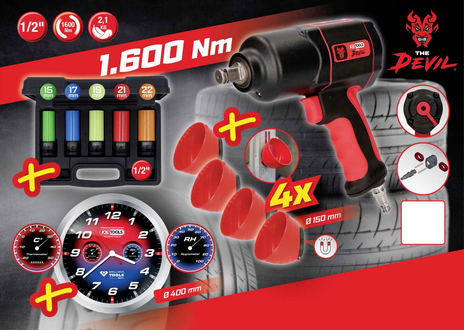 Sada rázového utahováku s 1.600 Nm a různými nástavci. Obsahuje otáčkoměr a čtyři pneumatiky pro výměnu autoplášťů.