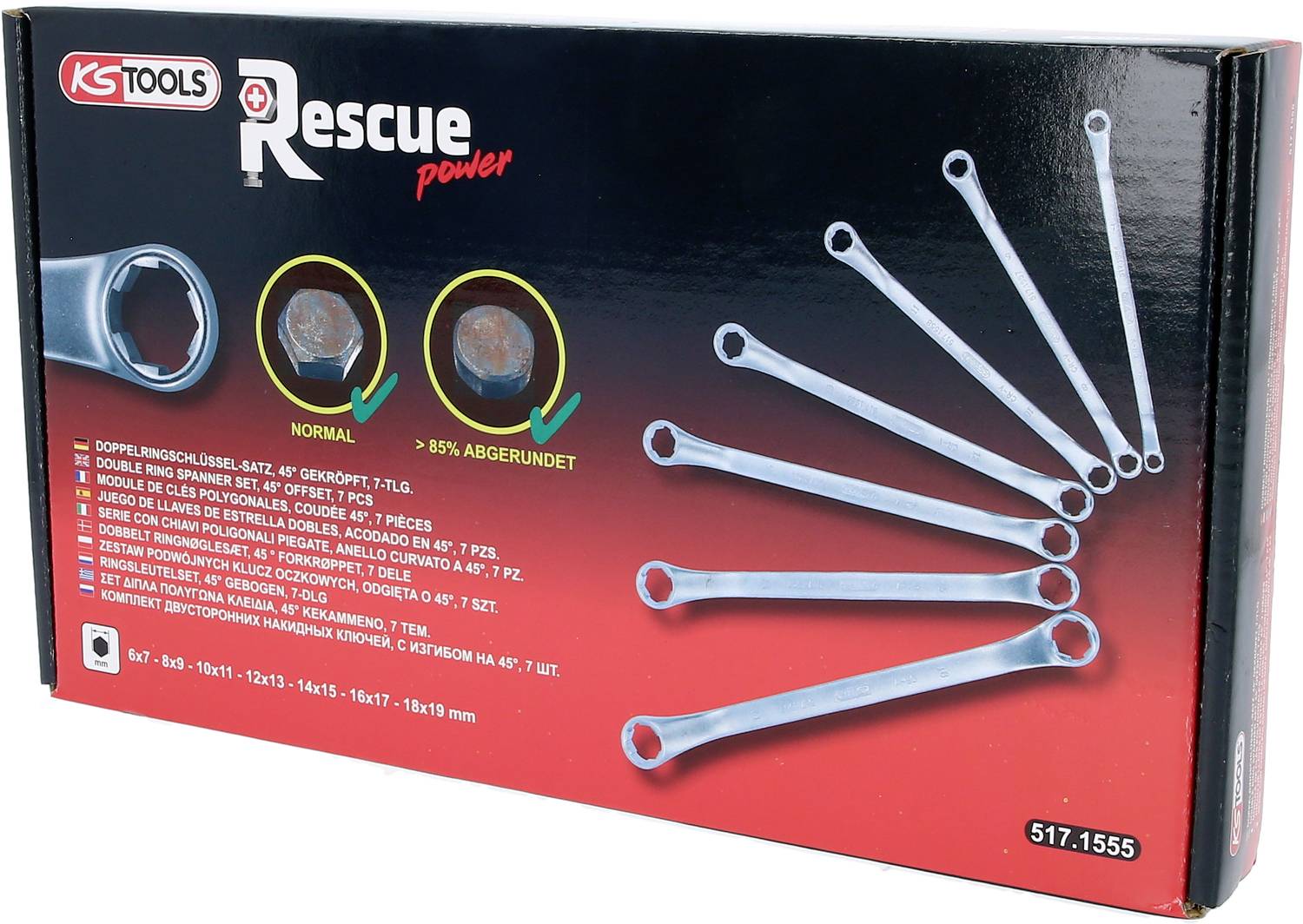 'KS Tools', 'Rescue Power' sada klíčů v kartonu. Obrázek zobrazuje rostoucí velikosti plochých klíčů. Text popisuje funkci.