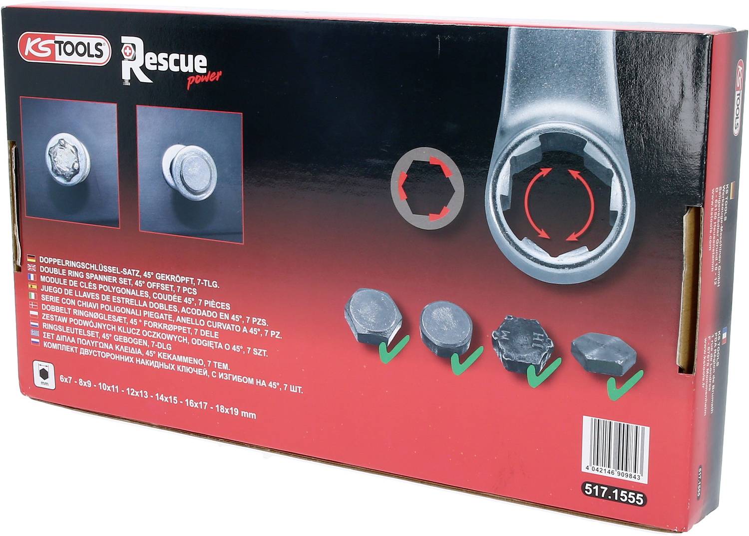 Obal 'KS Tools Rescue Power' zobrazuje klíč s očkem, spolu s procesem odstraňování šroubů. Obsahuje návody a diagramy.