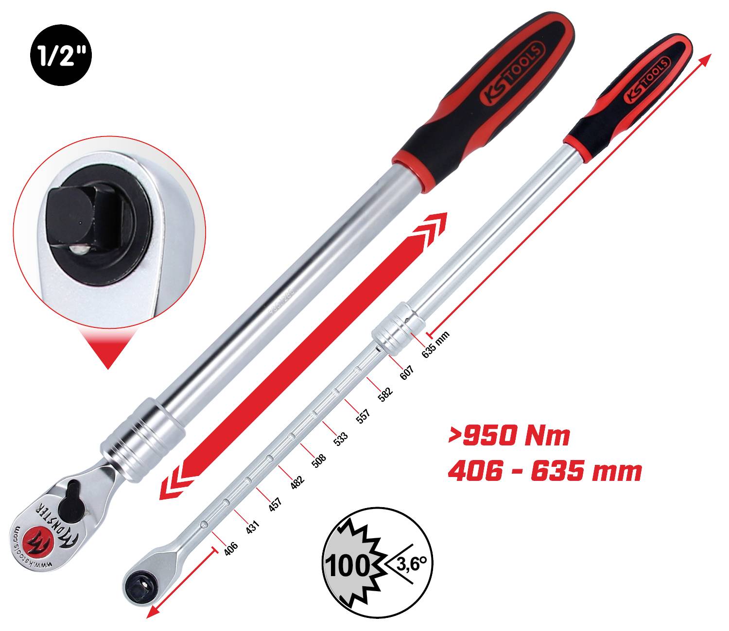 Nastavitelný momentový klíč s ergonomickou rukojetí, rozsah měření 406-635 mm a točivý moment přes 950 Nm, velikost dílu 1/2 palce.