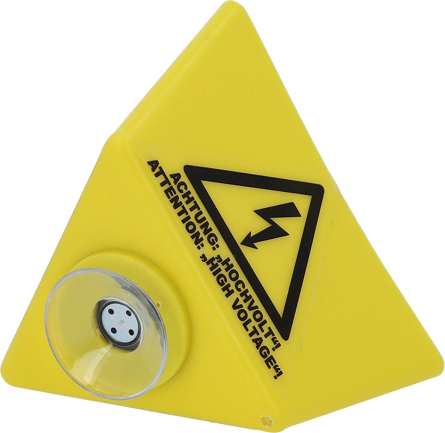 Žlutý pyramidový výstražný znak s grafickým symbolem elektrického napětí a nápisem "Pozor: Vysoké napětí! Attention: High Voltage!".