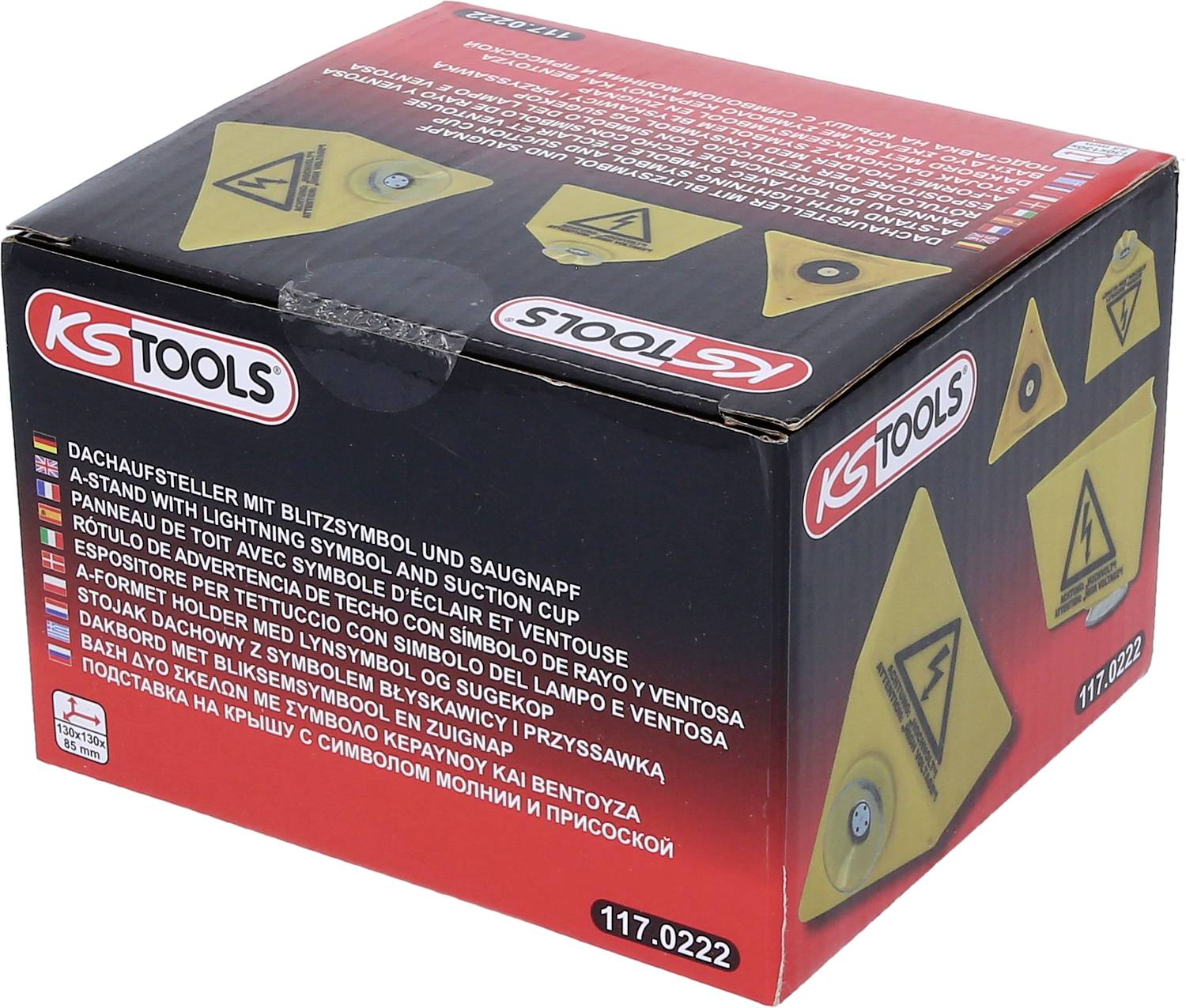 Červeno-černý obal pro střešní stojan od KS Tools s bleskem. Obsahuje produktové informace ve více jazycích.