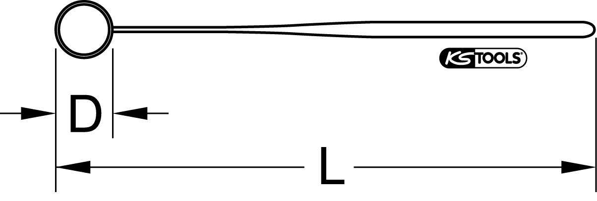 Technický výkres klíče s kroužkem s vyznačenými rozměry D (průměr) a L (délka). Logo KS Tools je viditelné.