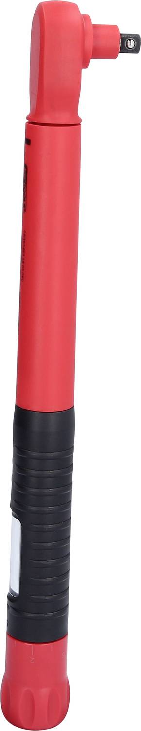 Červený válcovitý nástroj s černou rukojetí a pravoúhlou nástavkou; používaný pro obtížně dostupná místa.