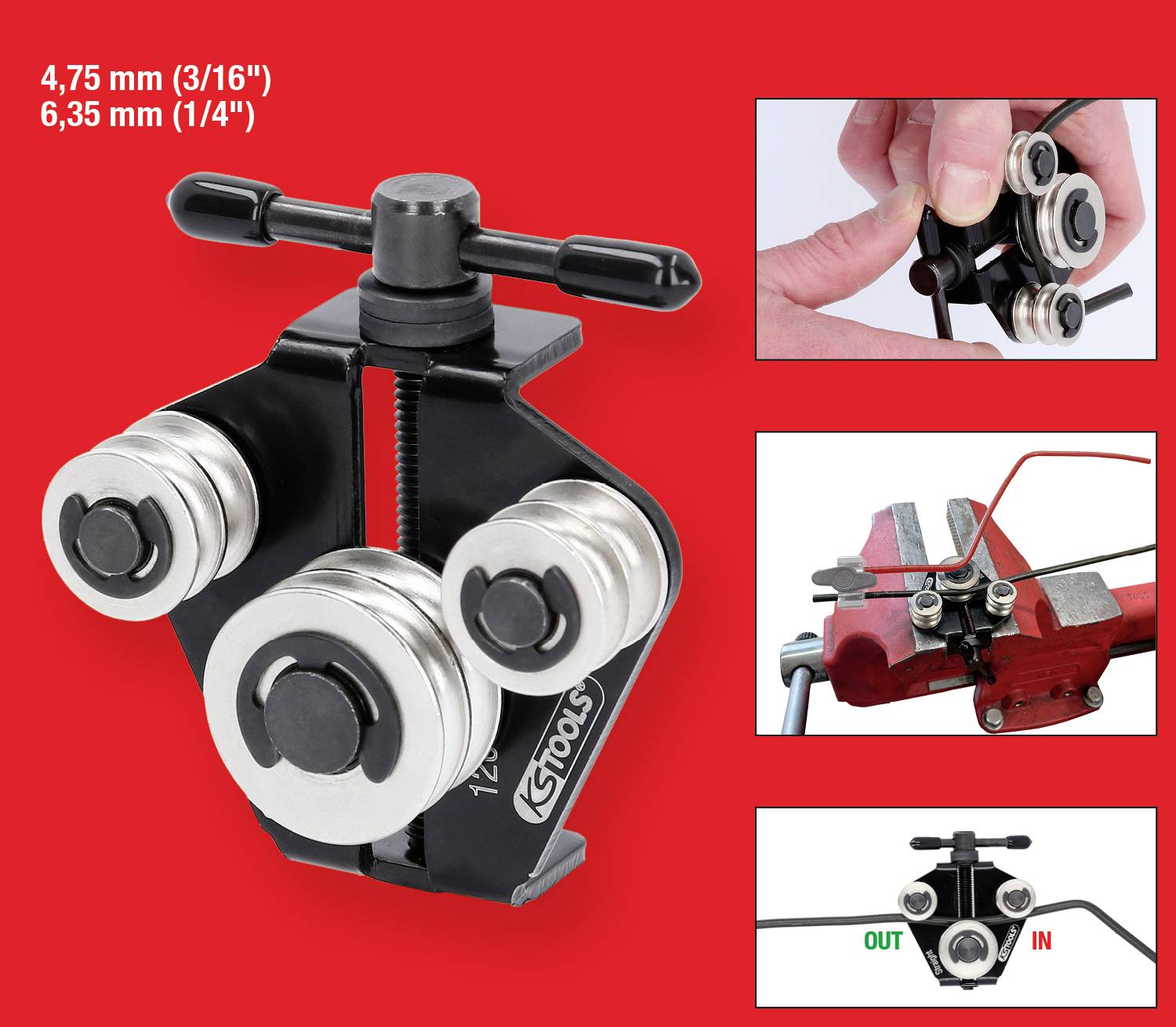 Sada tří a půl nástrojů pro ohýbání brzdových trubek. Obsahuje nákresy funkce s technickými specifikacemi: 4,75 mm (3/16") a 6,35 mm (1/4").