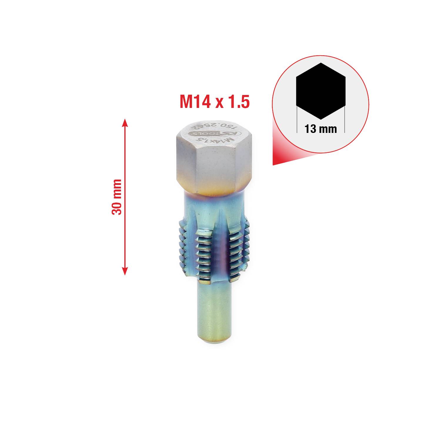 Závitořez M14 x 1,5 o délce 30 mm, vedle něj symbol se šestihranným profilem o délce strany 13 mm.