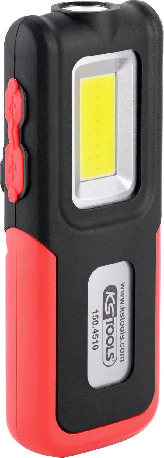 Přenosná LED pracovní svítilna v černé a červené barvě s názvem značky a modelovým číslem na přední straně. Ideální pro použití v dílně.