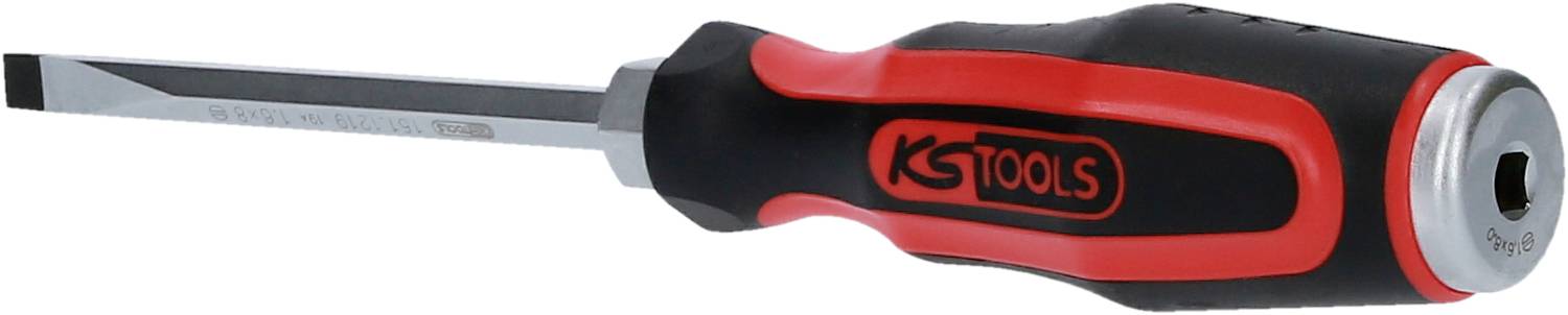 Šroubovák s černou a červenou rukojetí, plochým hrotem. Logo 'KS Tools' viditelné na rukojeti.