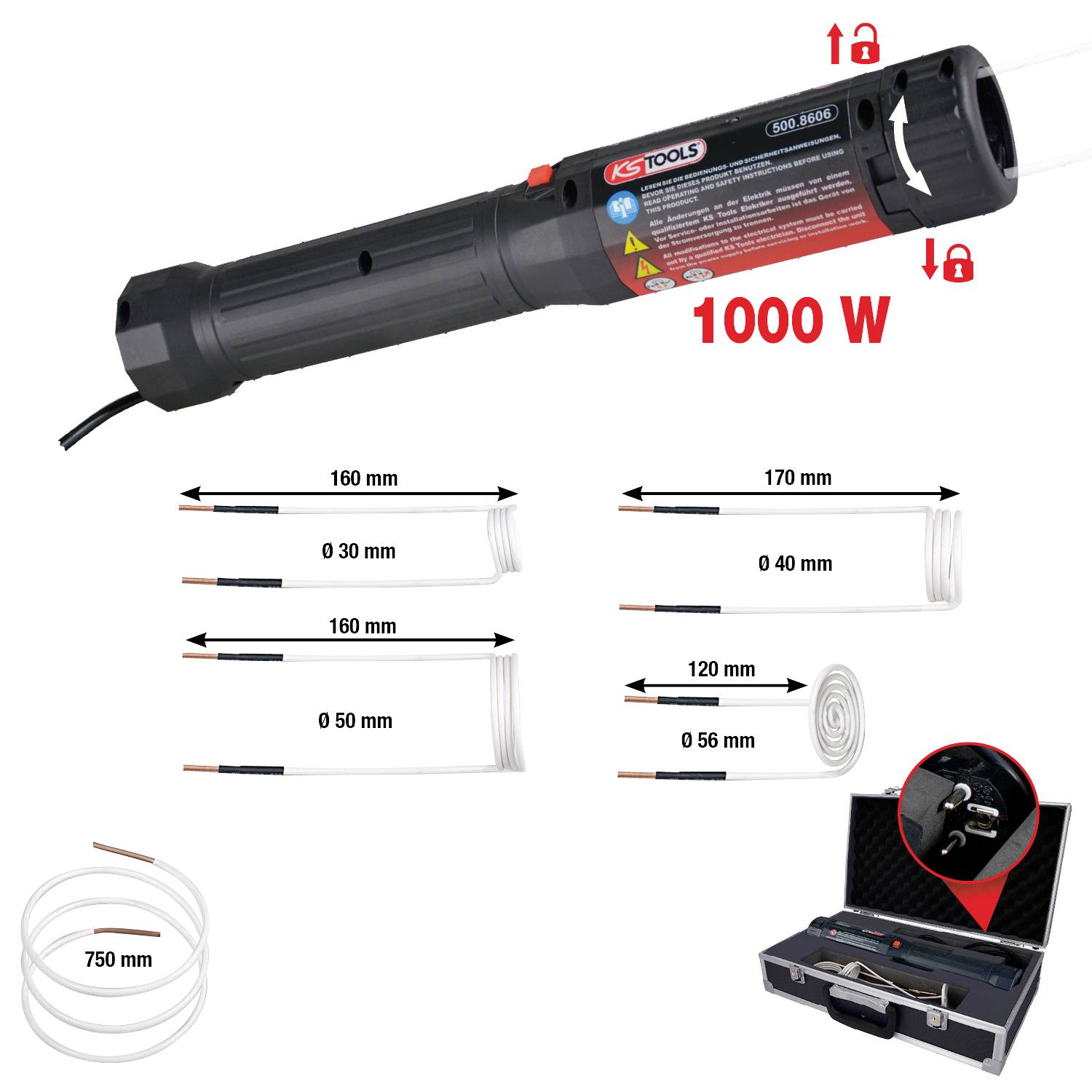 Elektrické topné zařízení o výkonu 1000 W, s přívodními kabely různých délek a otevřeným přepravním kufříkem.