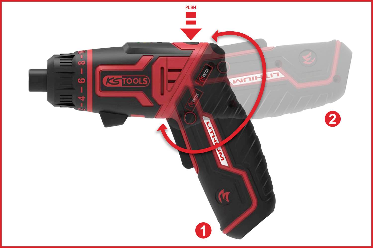 Akumulátorový šroubovák s červeným a černým tělem, zobrazující rotační a posuvný pohyb pro mechanické použití; viditelné firemní logo.