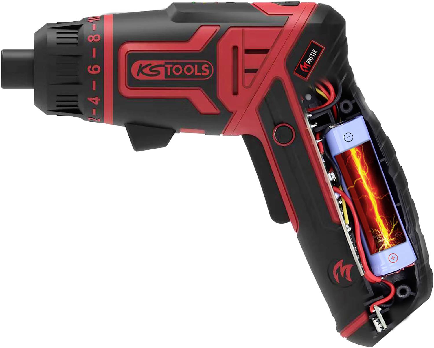 Akumulátorový šroubovák od KS Tools s průhledným krytem ukazuje integrovanou baterii a elektroniku. Černý a červený design.