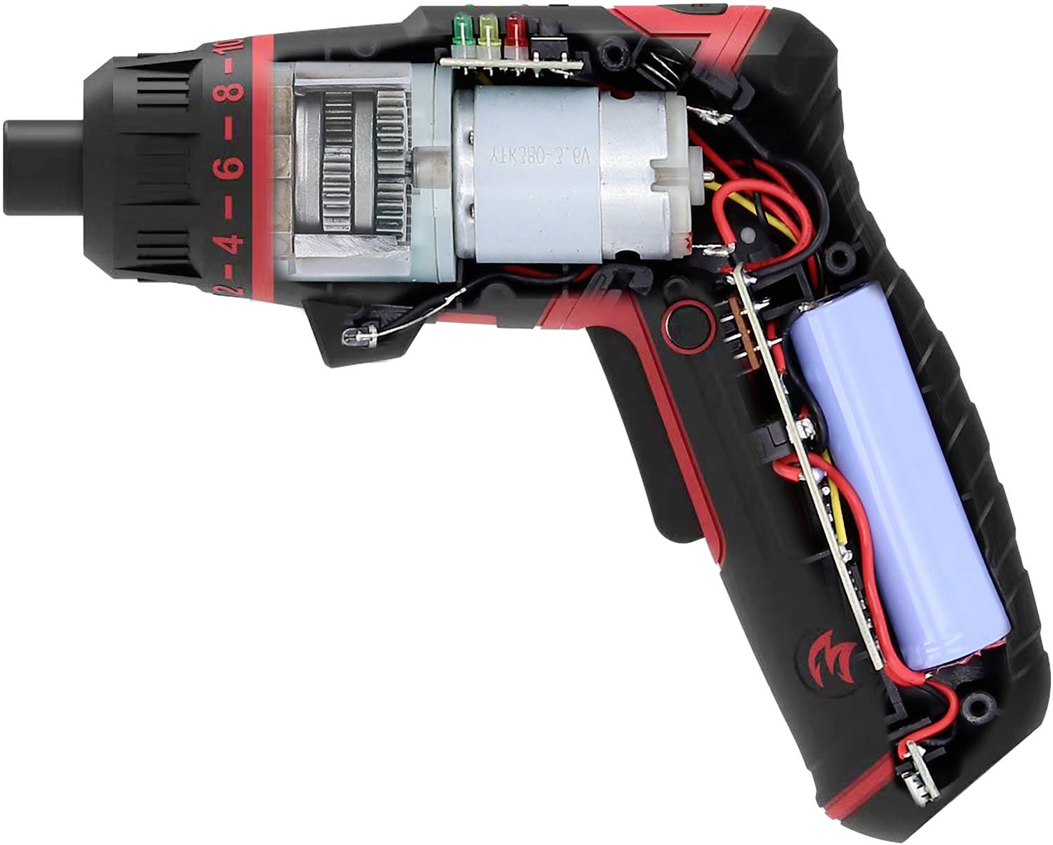 Příčný řez elektrickým šroubovákem zobrazující vnitřní komponenty, jako jsou motor, převodovka a baterie.