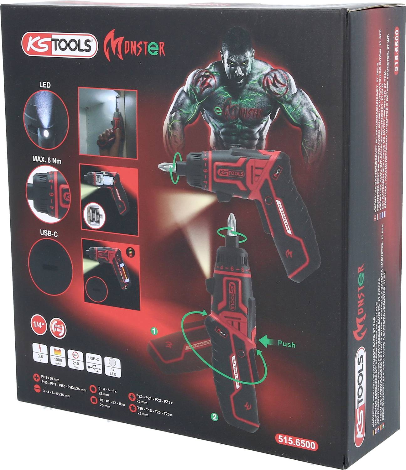 Obal 'KS Tools Monster' pro akumulátorový šroubovák. Zobrazuje produktové obrázky, funkci LED, připojení USB-C a technické specifikace.
