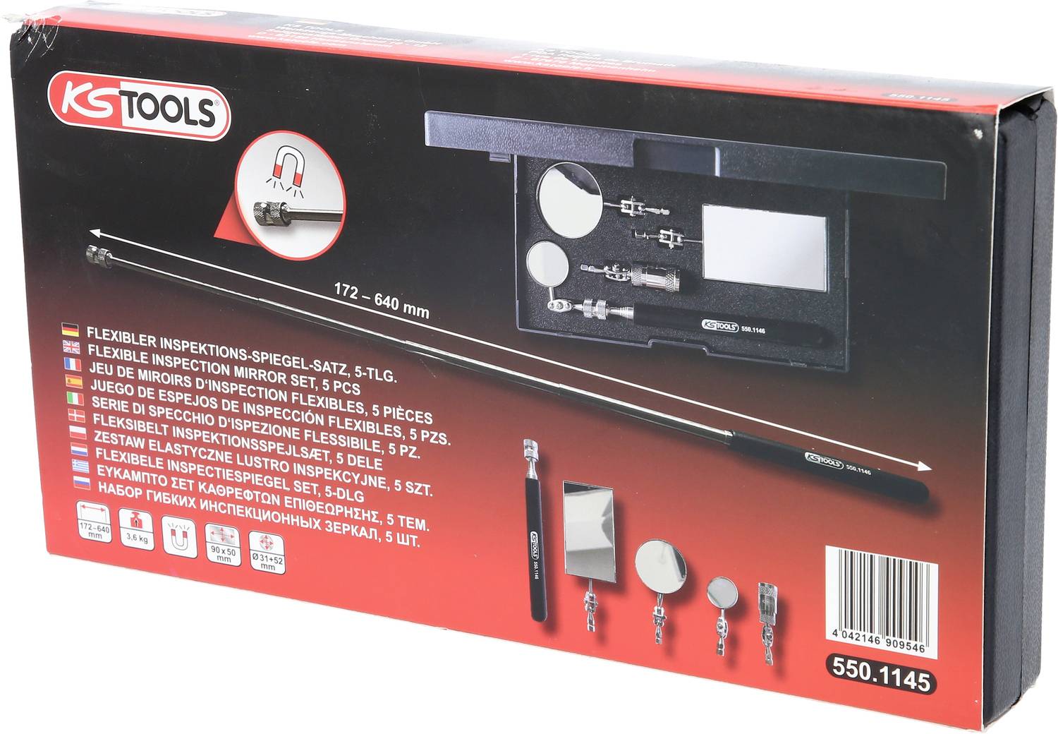 Sada inspekčních zrcadel 'KS Tools', 5-dílná. Obsahuje teleskopickou tyč a vyměnitelná zrcadla. Balení zobrazuje obrázky produktu.