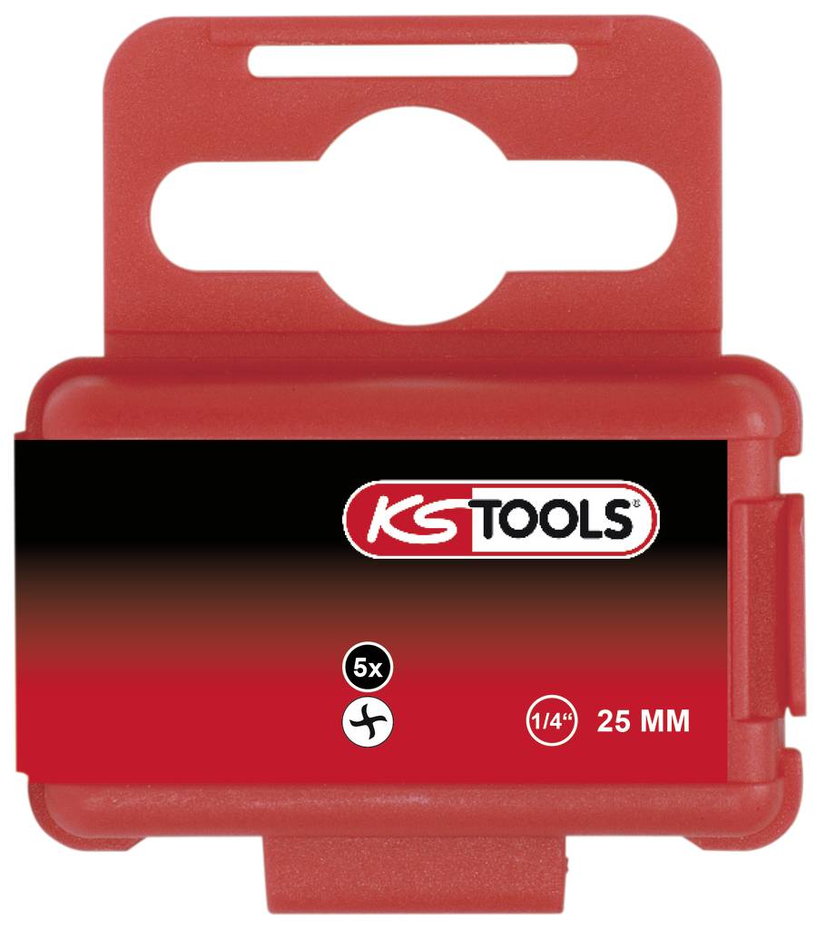 Červený kontejner na nářadí s logem 'KS Tools', označený jako 5x šroubovák, 1/4 palce, 25 mm.
