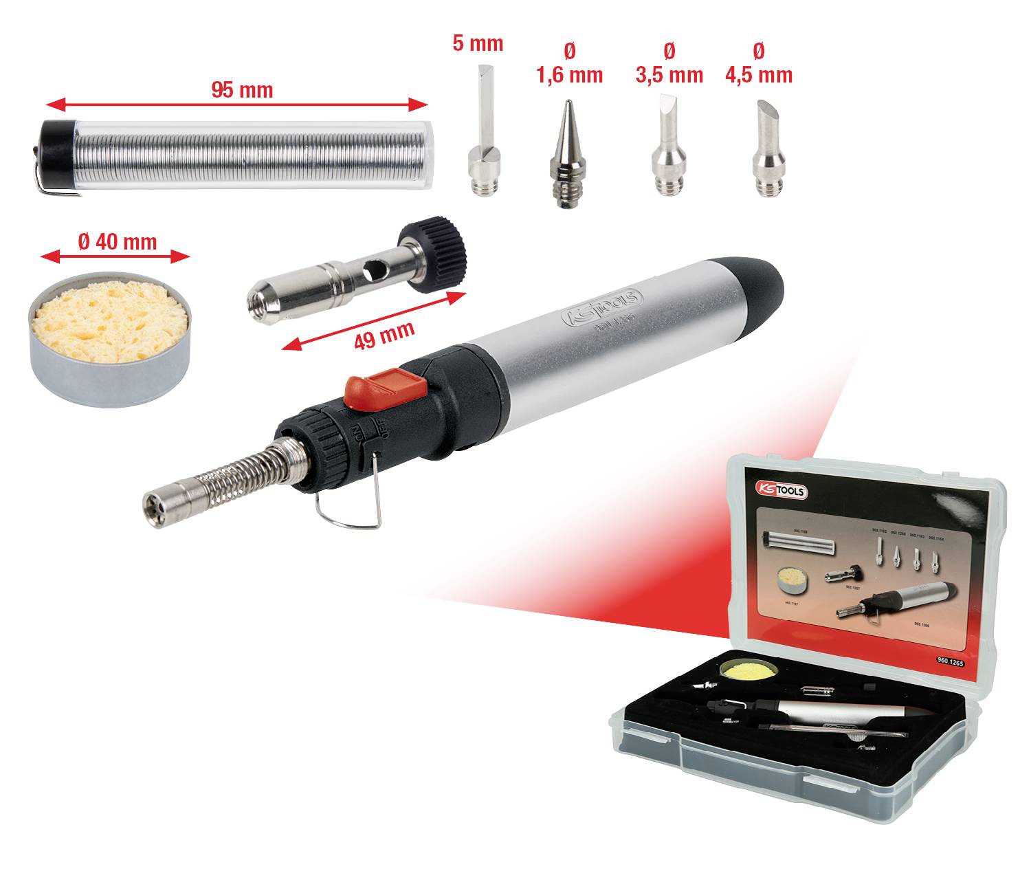 Sada pájecí plynové pistole s různými nástavci, 95 mm dlouhý hořák, kalibr od 1,6 mm do 4,5 mm, včetně úložného kufříku.