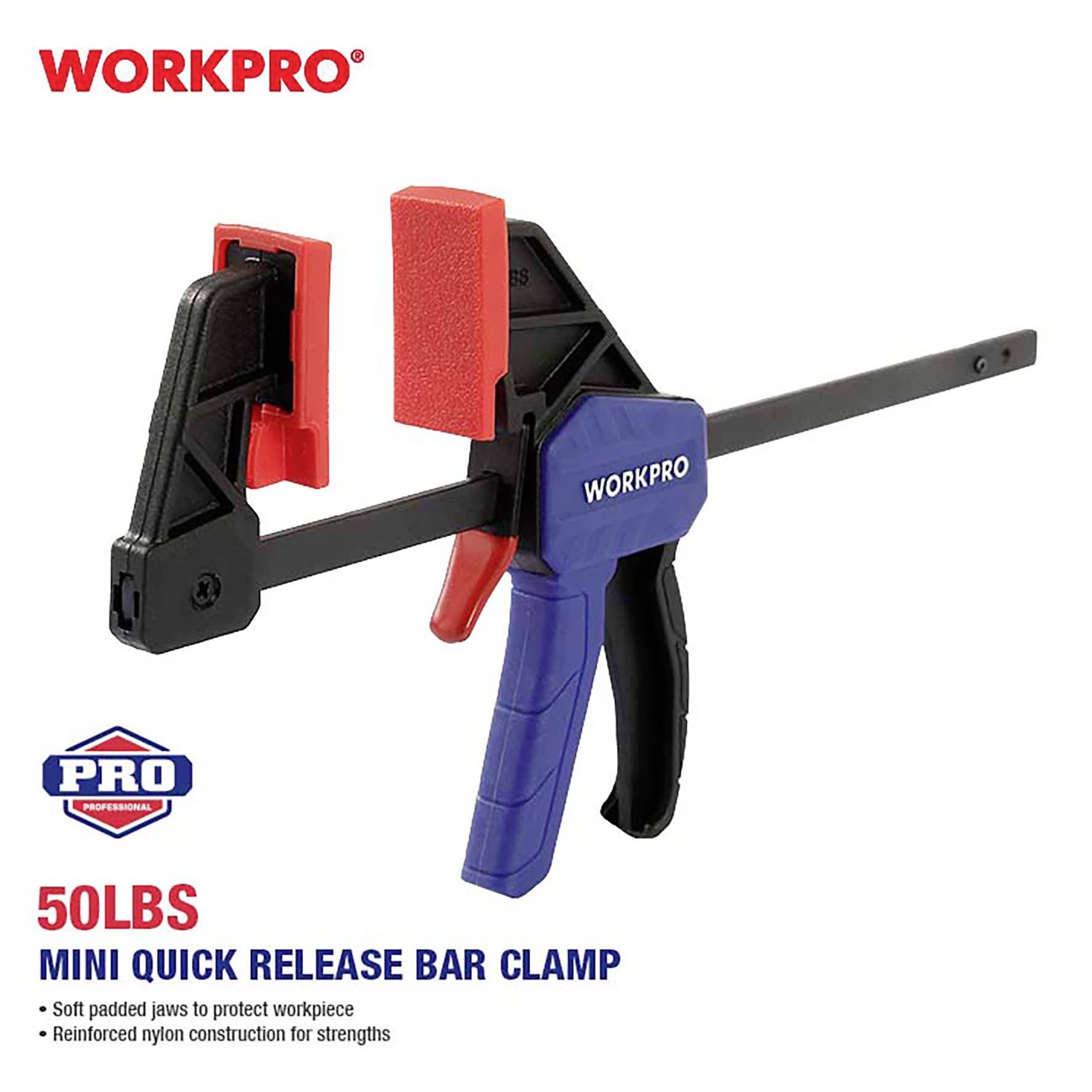 Svěrka na pracovní stůl od Workpro s modrým držadlem a červenými čelistmi potaženými měkkým polstrováním. Text: '50LBS Mini Quick Release Bar Clamp'.