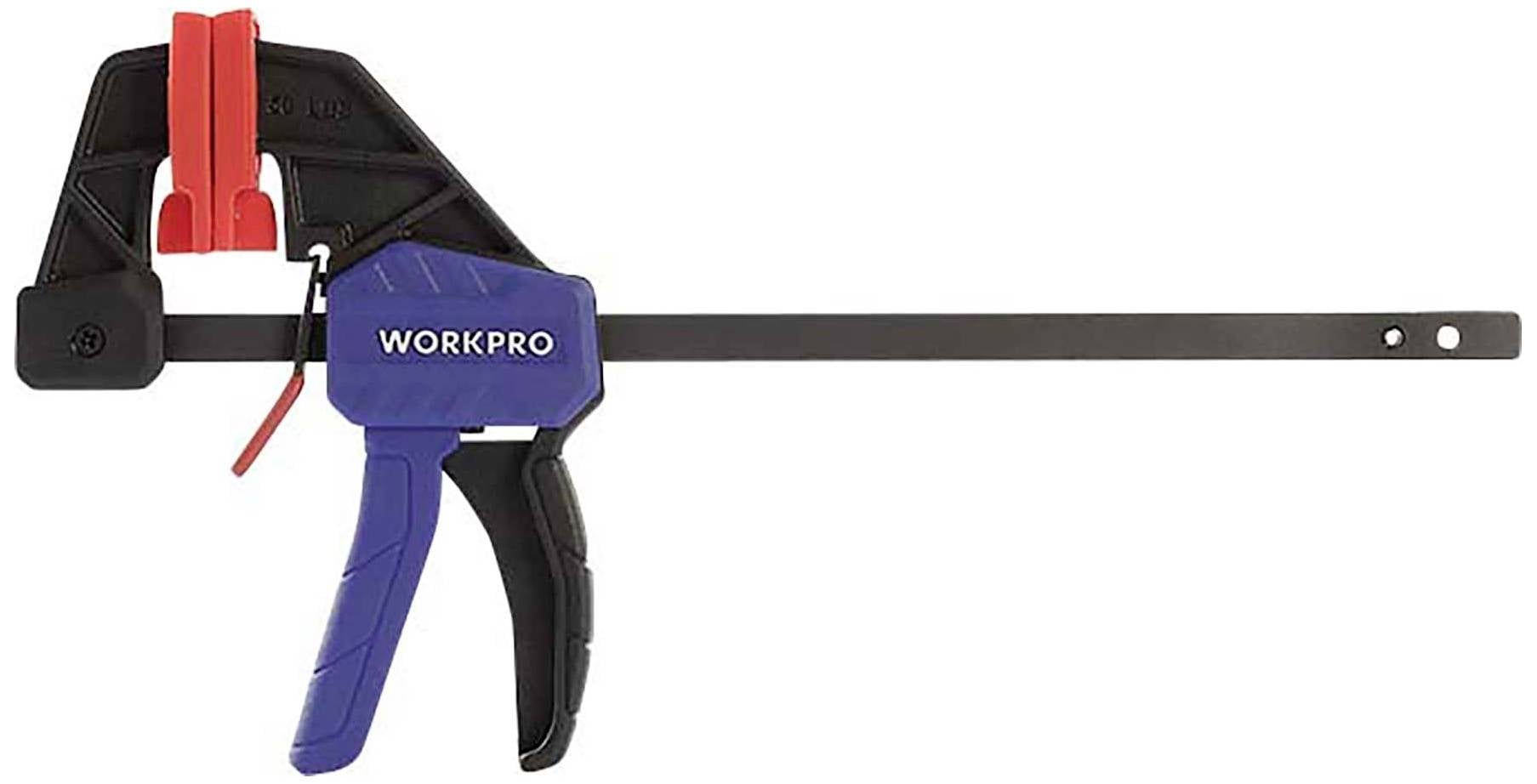 Jednostranná svěrka od WORKPRO s černým kovovým ramenem, červeným a modrým plastovým držadlem, ideální pro upínání a fixaci obrobků.