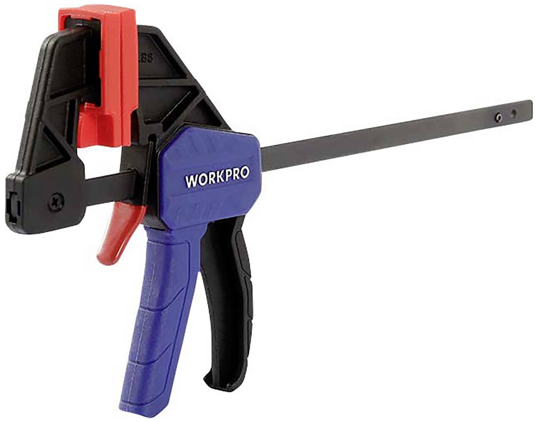 Svěrka s červeno-černou rukojetí a modrou plochou s nápisem 'WORKPRO' na bílém pozadí.
