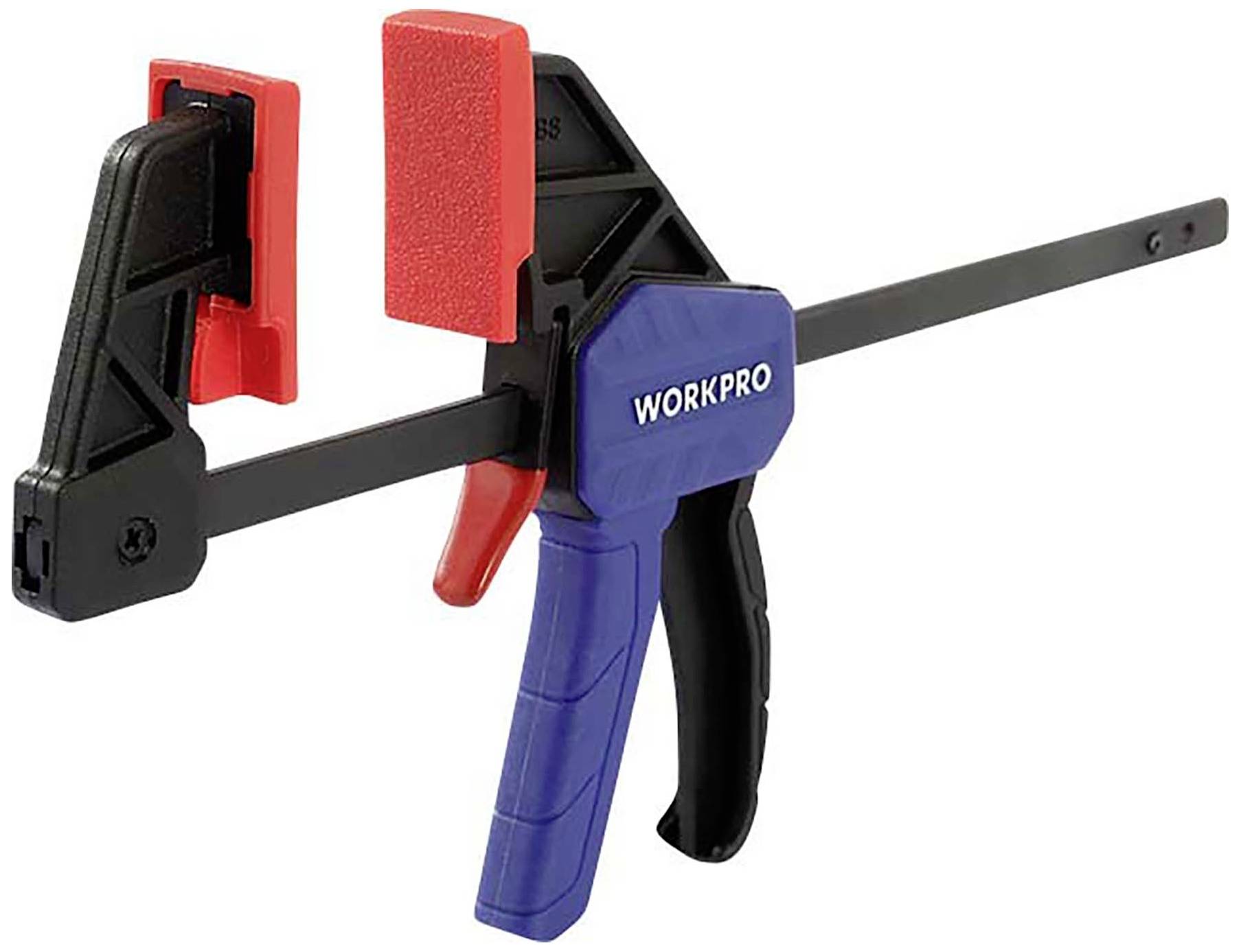 Černá a modrá svěrka s rychloupínacím mechanismem a červenou rukojetí značky WorkPro, vhodná pro práci se dřevem a rukodělné projekty.