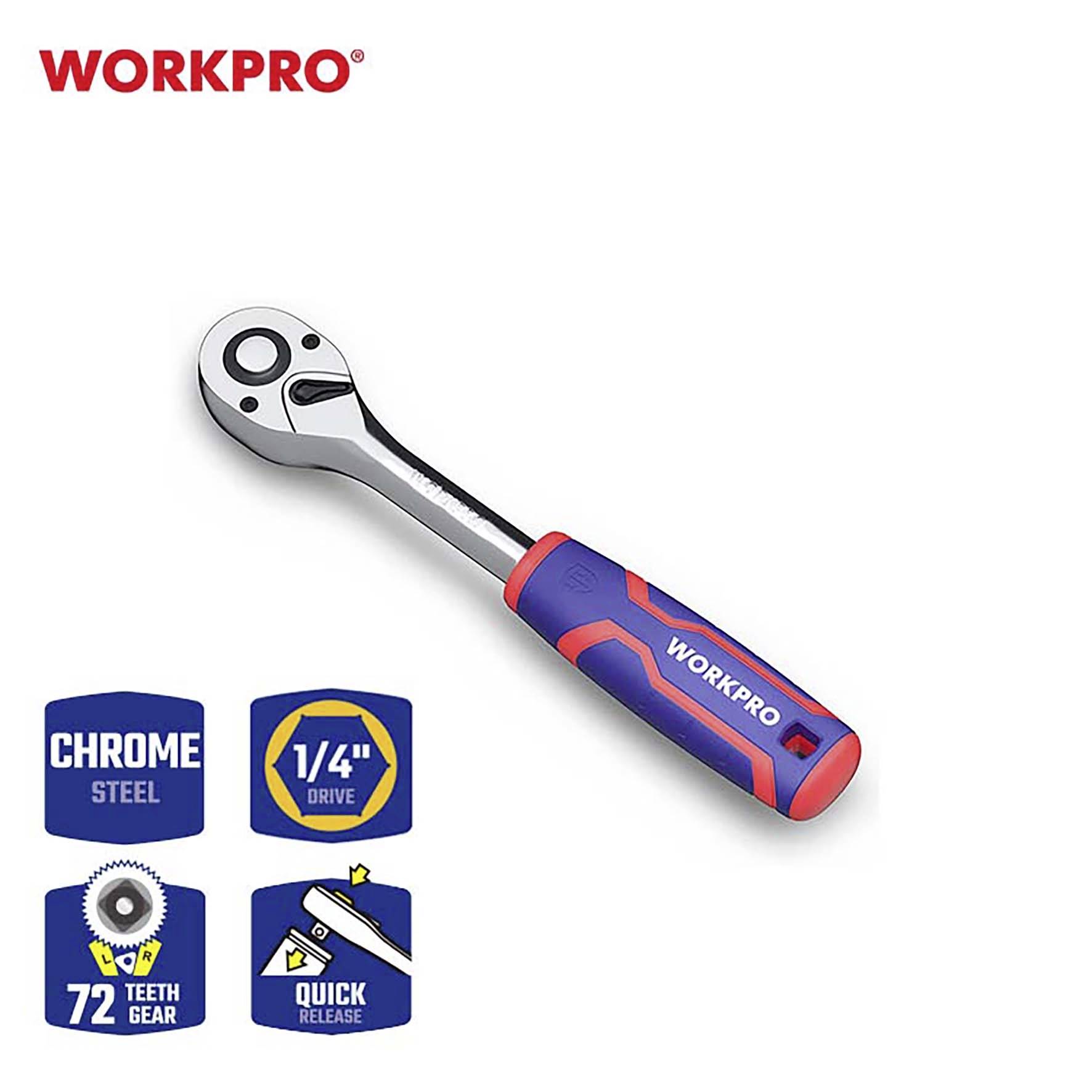 'WORKPRO' Ráčna s 1/4" náhonem, chromovaná ocel, 72 zubů a rychloupínací mechanismus.
