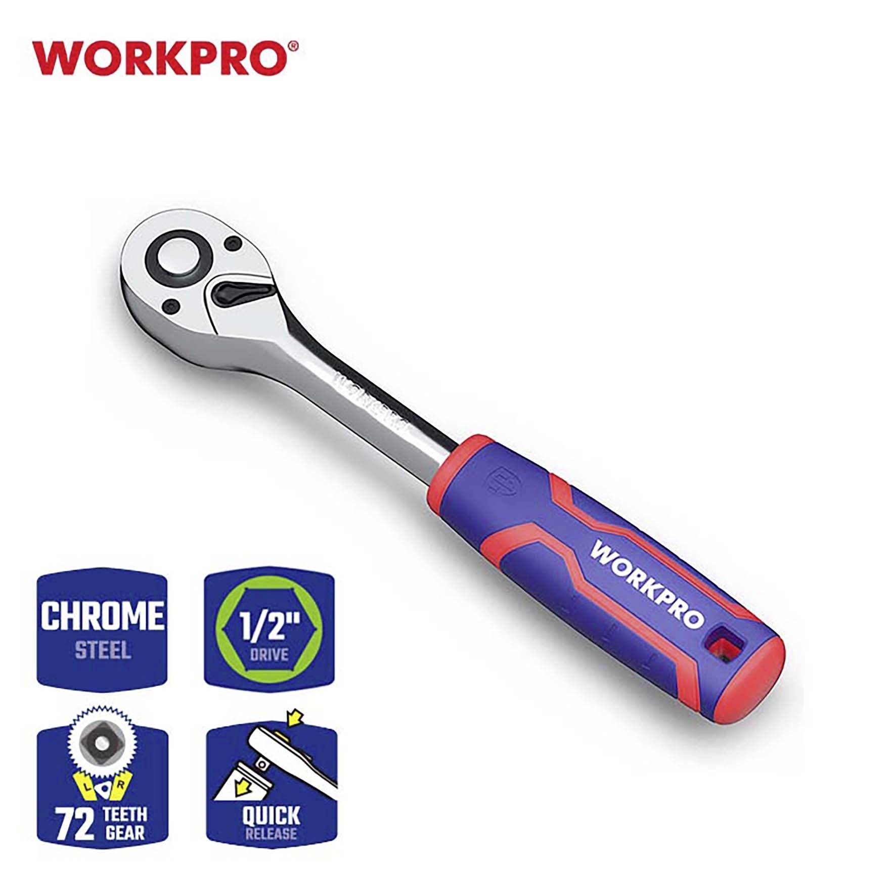 Ráčna 'WORKPRO' s modro-červeným držadlem a chromovaným provedením je zobrazena. Funkce: 1/2palcový pohon, 72zubé ozubení, rychloupínací mechanismus.