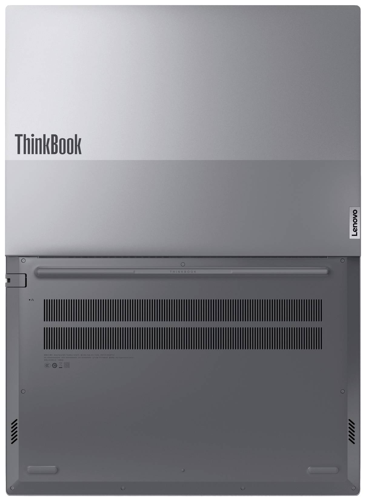 Zadní strana notebooku se stříbrným povrchem s nápisy 'ThinkBook' a 'Lenovo'.