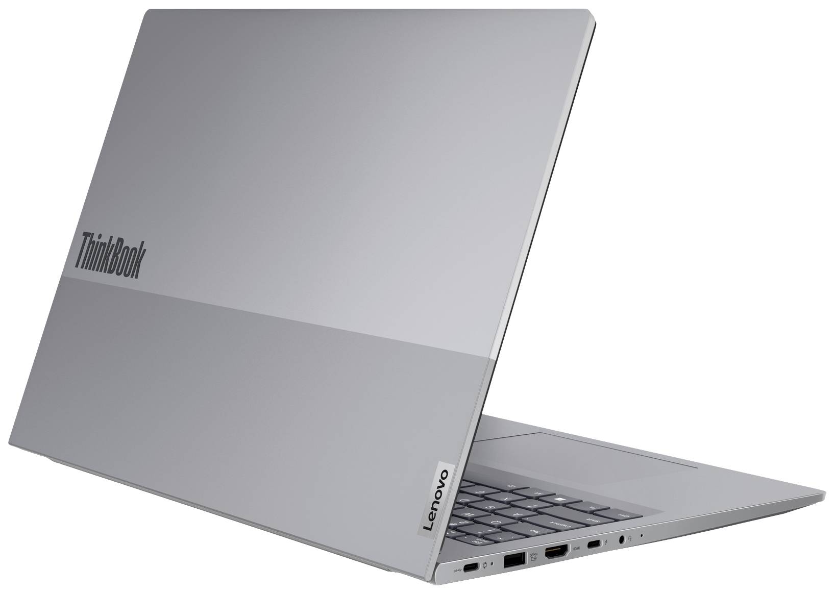 Stříbrný notebook Lenovo, částečně otevřený, odhaluje klávesnici, několik konektorů na boku a logo ThinkBook na víku.