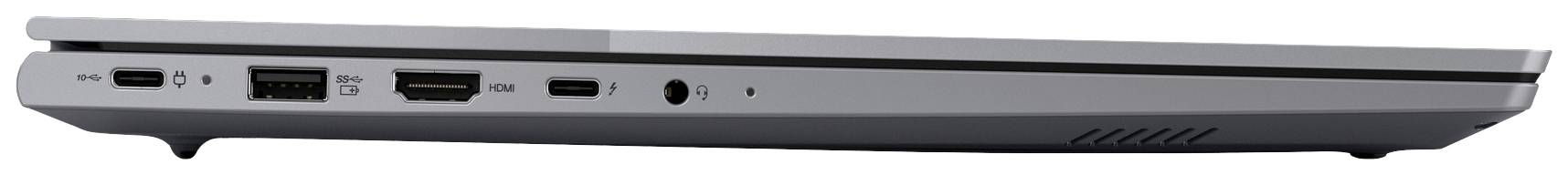 Boční pohled na notebook s různými porty: USB, HDMI, audio výstup a napájecí konektor. Zařízení je zavřené.