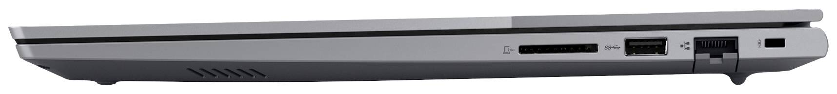 Notebook zavřený z boku, vybavený ethernetovým portem, dvěma USB konektory, větracím otvorem a čtečkou paměťových karet.