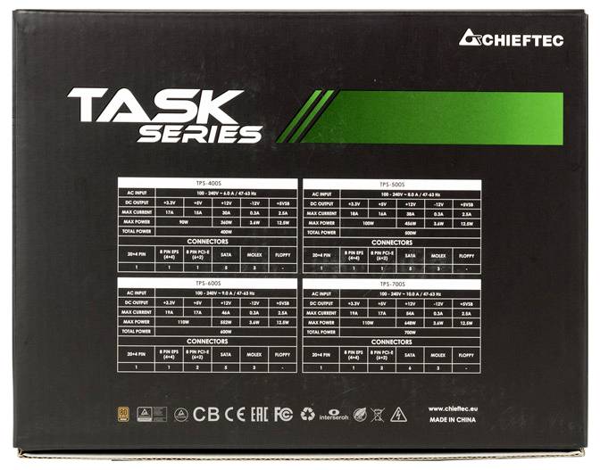 Obal série Chieftec TASK s podrobnými specifikacemi a možnostmi připojení čtyř různých modelů napájecích zdrojů.