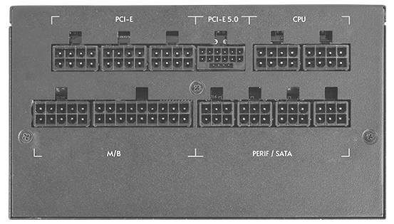 Zadní strana napájecího zdroje s několika konektory: PCI-E, PCI-E 5.0, CPU, M/B, PERIF/SATA. Textové značení pro kabelové připojení.