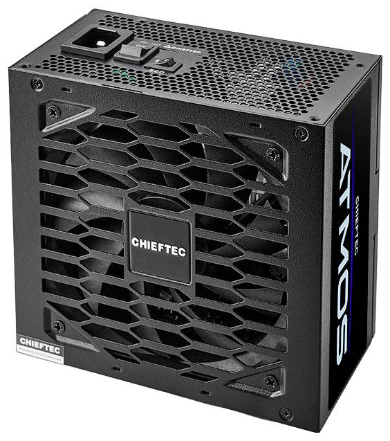 Černý napájecí zdroj Chieftec ATX s integrovaným ventilátorem a vypínačem, vhodný pro použití v stolních počítačích.