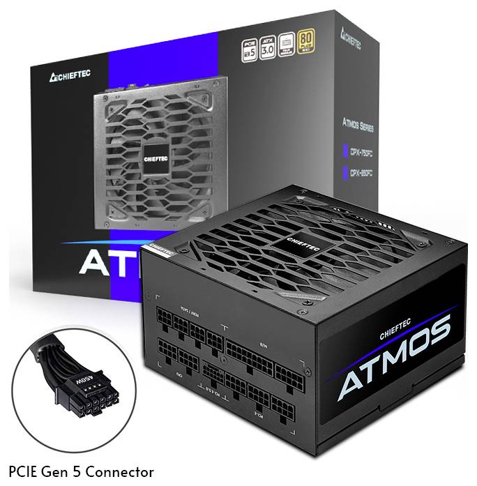 Na obrázku je zobrazen napájecí zdroj Chieftec série 'ATMOS' s připojením PCIe Gen 5, umístěný před obalem se similárním designem.